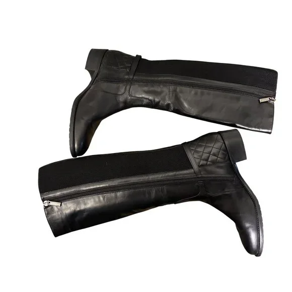 Aquatalia Oralie Equestrian Knee High Boot 8 Black Leather Side Zip Quilted - Picture 2 of 15